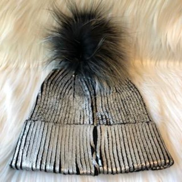 Metallic Knit & Fox Fur PomPom Hat main image 9